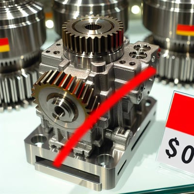 The image displays an industrial gearbox with its price being reduced